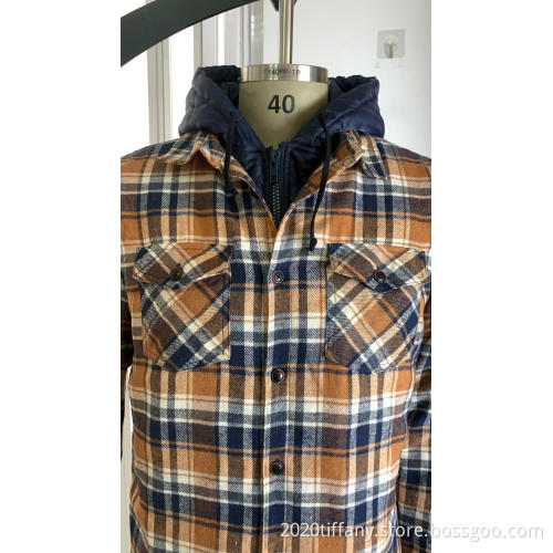 Men's Quilted Lined Flannel Shirt Jacket With Hood